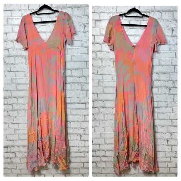 Veda Dress Corazon Maxi Multi Color Smocked Viscose Short Sleeve Pink Orange M - Picture 2 of 10